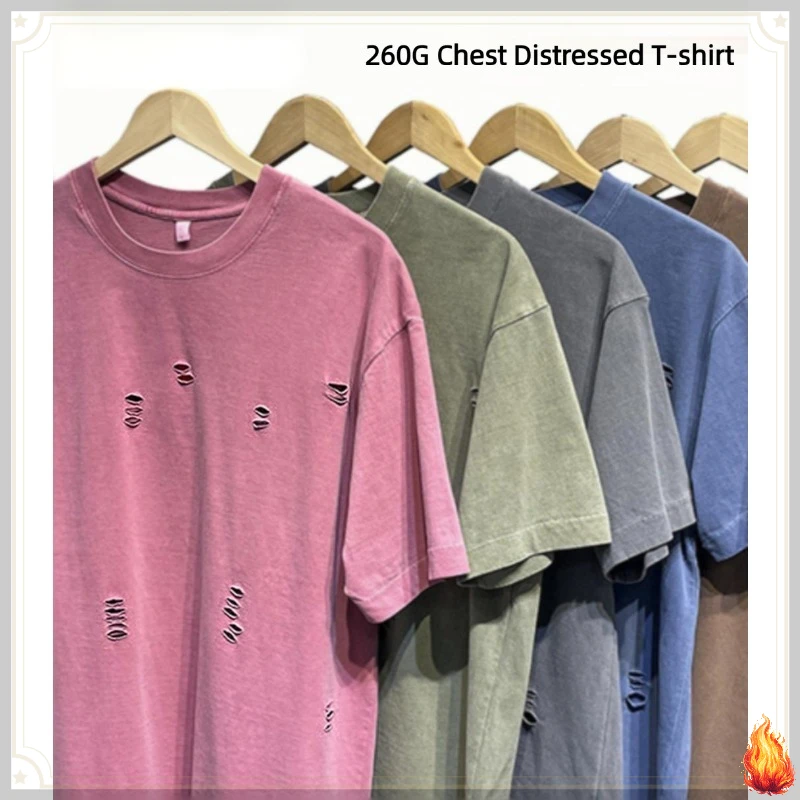 Men's 100% Cotton 260g Heavyweight Washed T-Shirt Vintage Distressed Ripped Tee Short Sleeve Loose Fit Custom Print Available