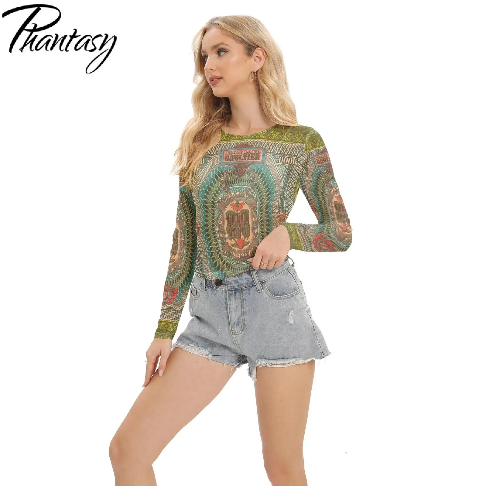 Phantasy Mesh Visible Shirt Women Long Sleeve T Shirt O Neck Vintage Top Fashion Streetwear Spring Breathable Casual Female Tees