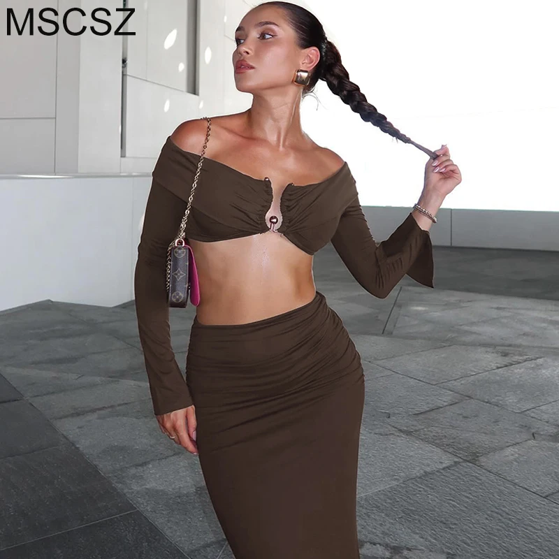 

MSCSZ Sexy Two Piece Set Women Outfit 2025 Spring Long Sleeve Crop Top And Long Skirts Fashion Holiday Beach Outfits Co ord Set