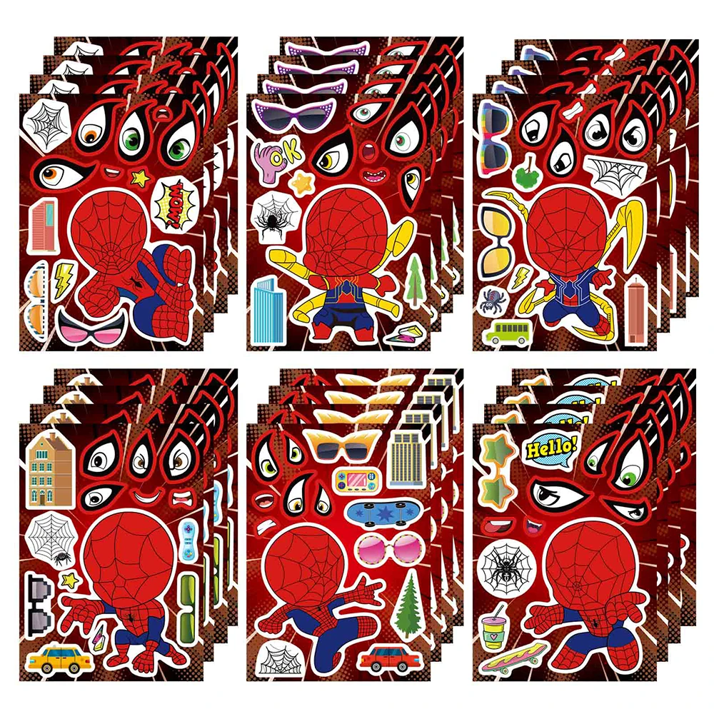 6/12Sheets Disney Cartoon Spiderman Make A Face Puzzle Stickers Kid Make Your Own DIY Game Children Cartoon Jigsaw Education Toy