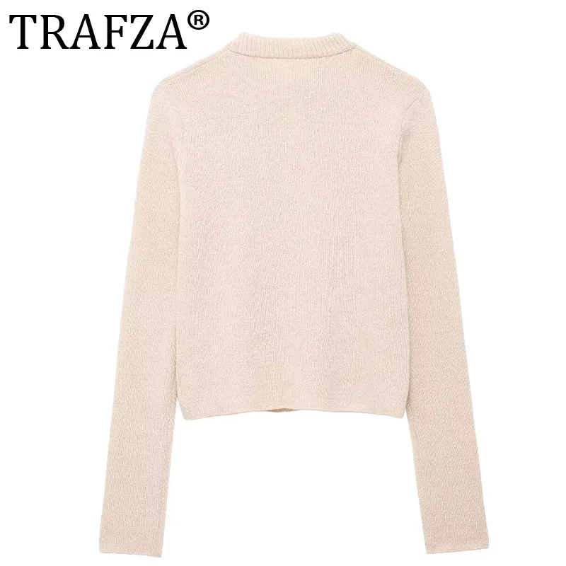 TRAFZA Spring New Women\'s Chic Round Neck Long Sleeve Top Fashion Bow Decorated Knitted Cardigan Jacket Women\'s Textured Top Y2K