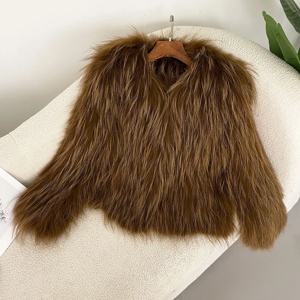 OFTBUY Winter Echte Wasbeer Bontjas Vrouwen Dubbelzijdig Gebreide Dikker Natuurlijke Bont Jas Lange Mouw V-hals Winterjas vrouwen