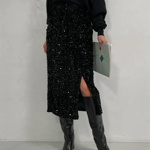 Stock Paillettenrock Silber, Midi -Röcke, Schlitz, hohe Taille, lang, Vintage, Punk, elegant, sexy, Sommer 8 Hauptverkäufe schwarzer Metallic -Rock - №7