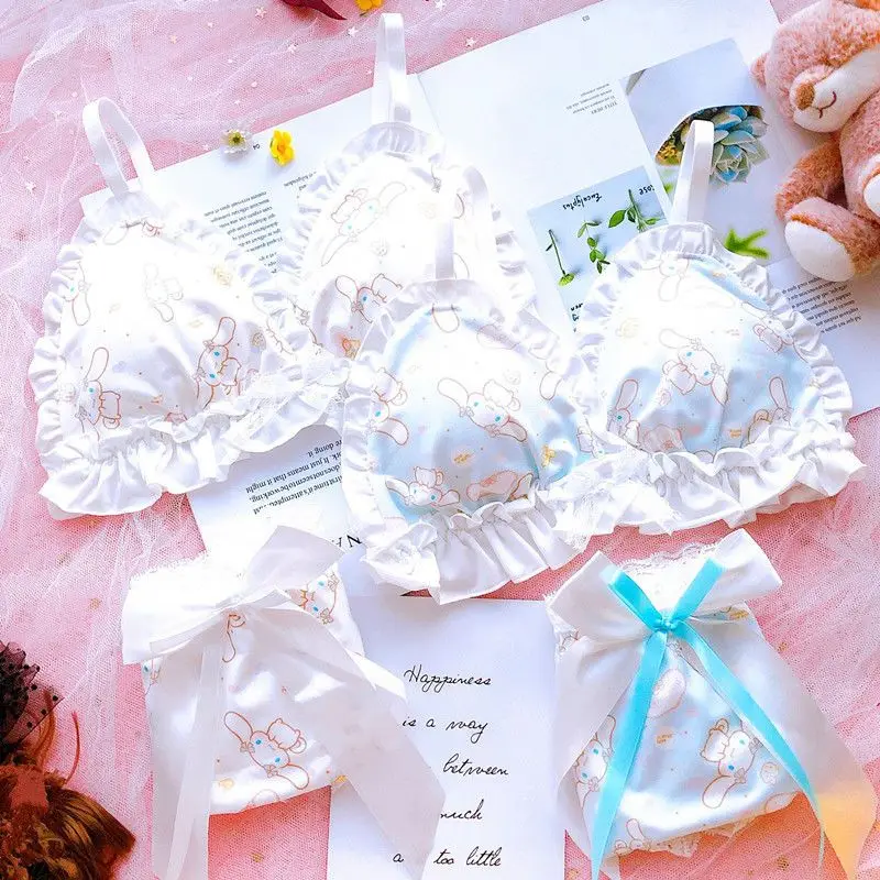 여성용 란제리 산리오 시나모롤 패턴 여성용 달콤하고 귀여운 통기성 레이스 리본 슬리밍 노 와이어 브라 커버 세트