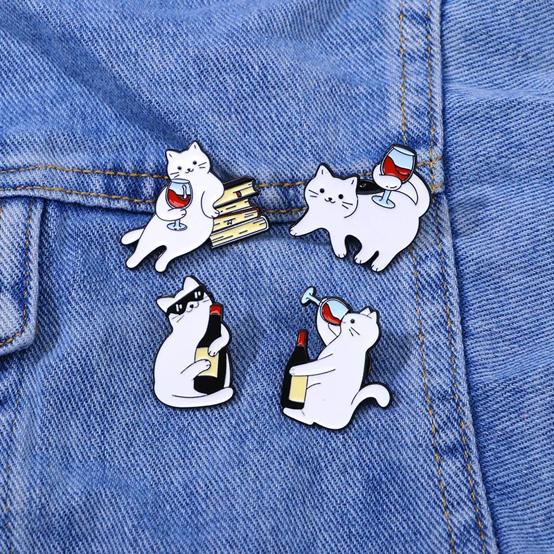 4PCS/Set Cartoon Red Wine Cat Enamel Badges Book Sunglass Cute Whiskey White Cat Metal Pins For Backpack Hat Punk Lapel Brooch
