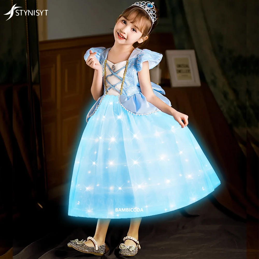 Cinderella Cosplay Costume Kids LED Light Dress Up Clothes for Girls Sequins Princess Dress Crown Glove Birthday Party Ball Gown