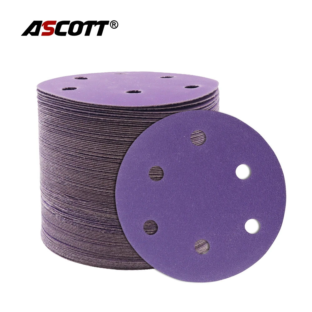 100 pz 5 pollici 6 fori disco abrasivo in allumina carta vetrata viola Hook Loop abrasivo ceramico per la rimozione della ruggine del metallo lucidatura rettifica