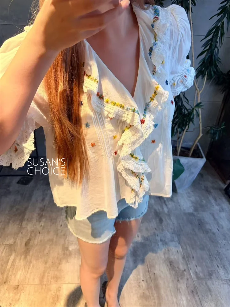 

Susan Pure Cotton с вышивкой Loose irt French Sle V-ne Bubble Sve с цветочным принтом, дышащая, удобная, летняя для девочек...