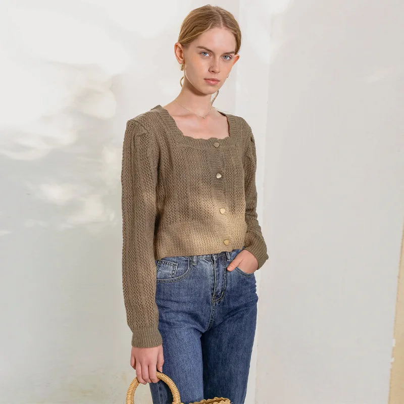 

French Stley Women Knitting Wool Square Neck Sweater Cardigan Autumn 2022 Fashion Long Sleeve Short Slim Fit Sweater Tees Shirts