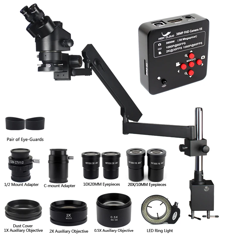 3.5X-90X Simul Focal Trinocular Articulating Arm Clamp Microscope 38MP 2K HDMI USB Microscopio Camera Soldering PCB Repair Kit