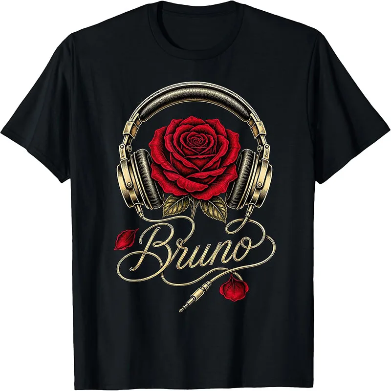 Bruno Red Rose Vintage Headphones Music Lover Graphic T-Shirt