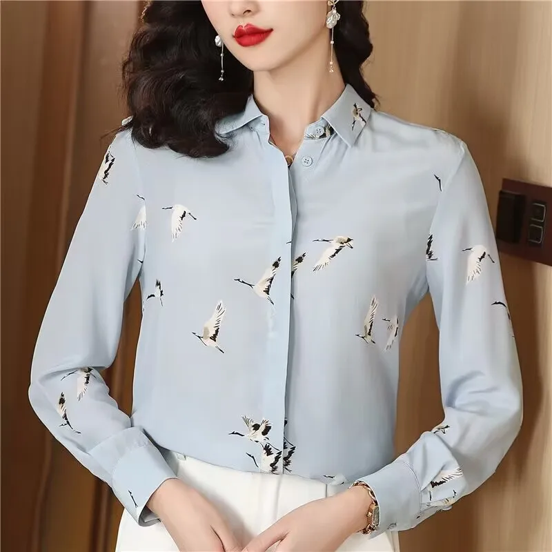 

Unique Women Clothing Vintage Long Sleeve Shirt Loose Fit Artistic Mulberry Silk Blouse
