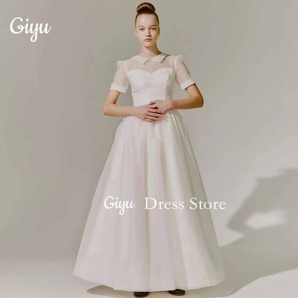 Giyu Korea Alta Pescoço Marfim Vestidos De Casamento Organza Manga Curta Personalizado Ruched Photoshoot Vestidos De Noiva Plus Size