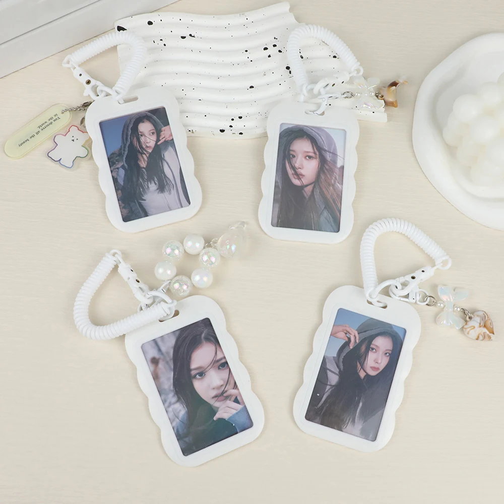 

White Photocard Holder Students Sliding Photo Sleeves Cute Photocards Protector With Anti-Loss Chain Campus Card Set For Girls