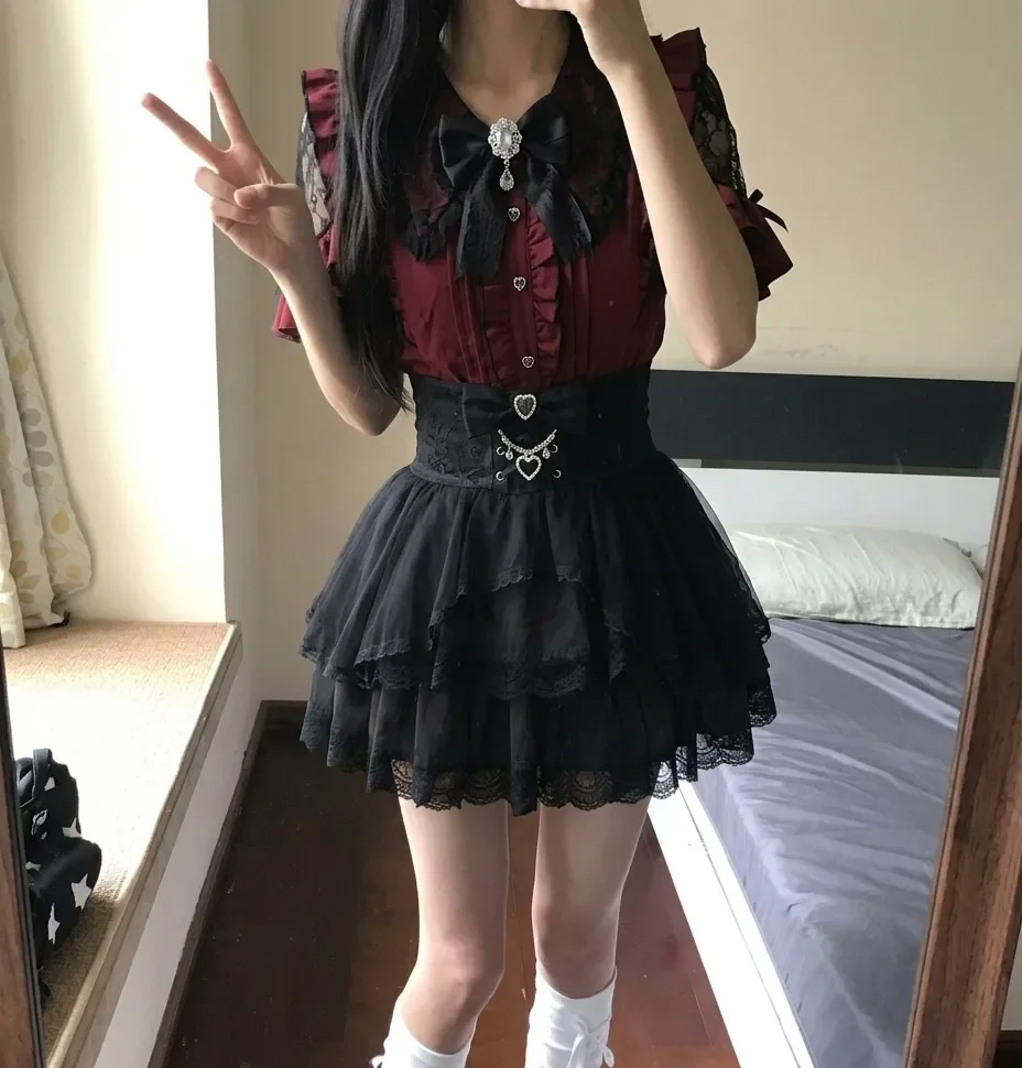 Gothic Lolita Jirai Kei 2 Piece Set Women Red Ruffle Lace Bow Rhinestone High Waist Tiered Mini Skirt Party Outfit