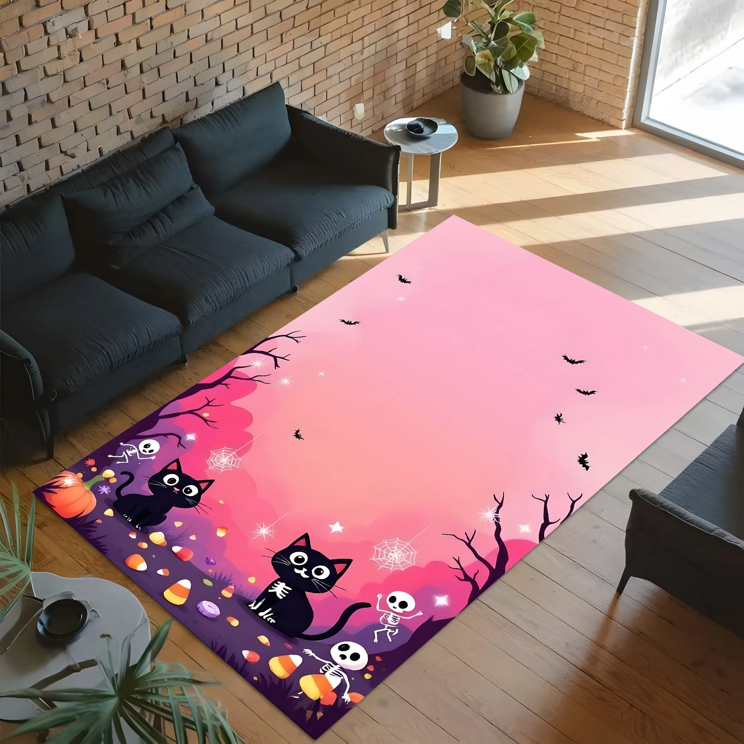 Cartoon Black Cat Pumpkin Skull Bat Floral Print Cute Halloween Velvet Rug for Entryway Bedroom Festive Decor