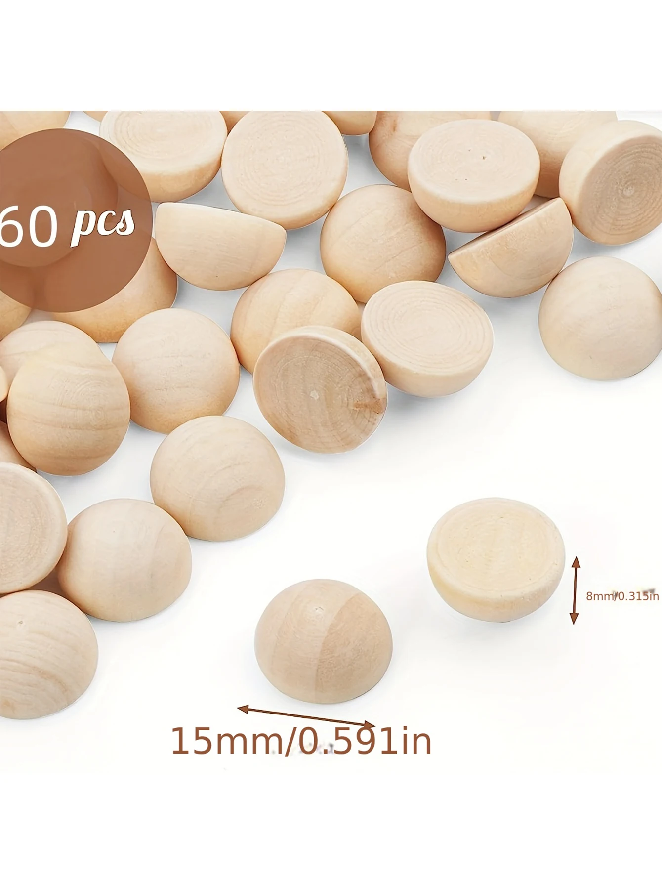 60pcs 15mm Unfinished Half Round Wooden Beads Split Natural Round Wood Balls for Crafts and Christmas Home Party Decorative