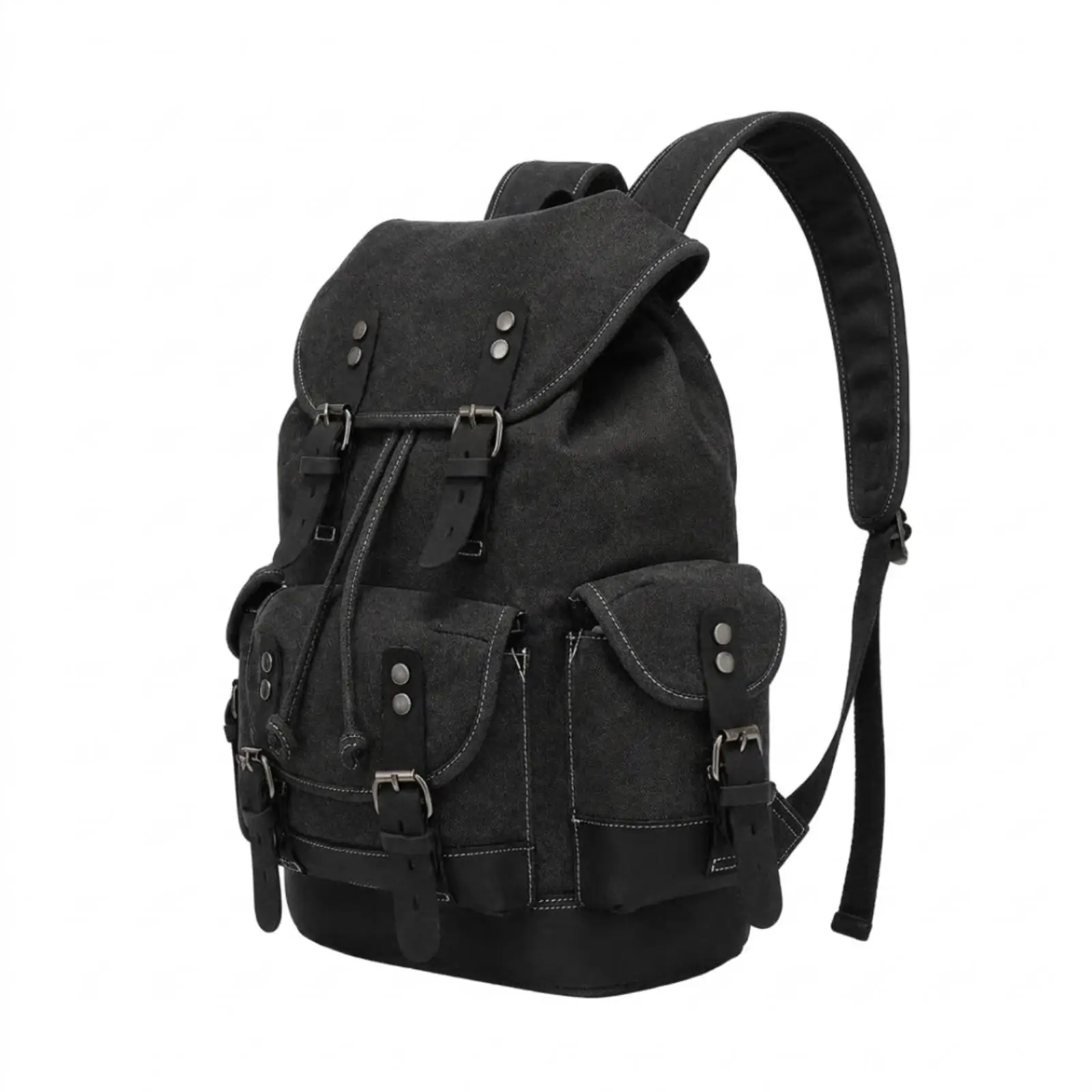 Canvas Backpack Rugged Vintage Multi-Pocket Drawstring Bag for Students,
