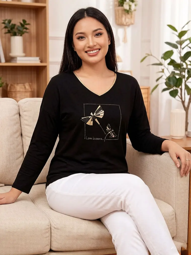 

Women Black V Neck Long Sleeve Top Bow Print Rhinestone Detail Casual Slim Fit T-Shirt Autumn Winter Basic Tee