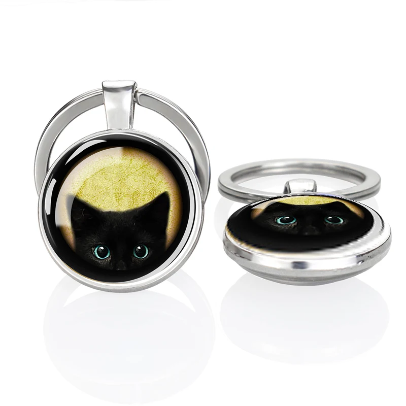 Black Cat Keychain Glass Inlaid Double Sided Cat Pattern Pendant Alloy Keyring Keeper Key Accessories Gift