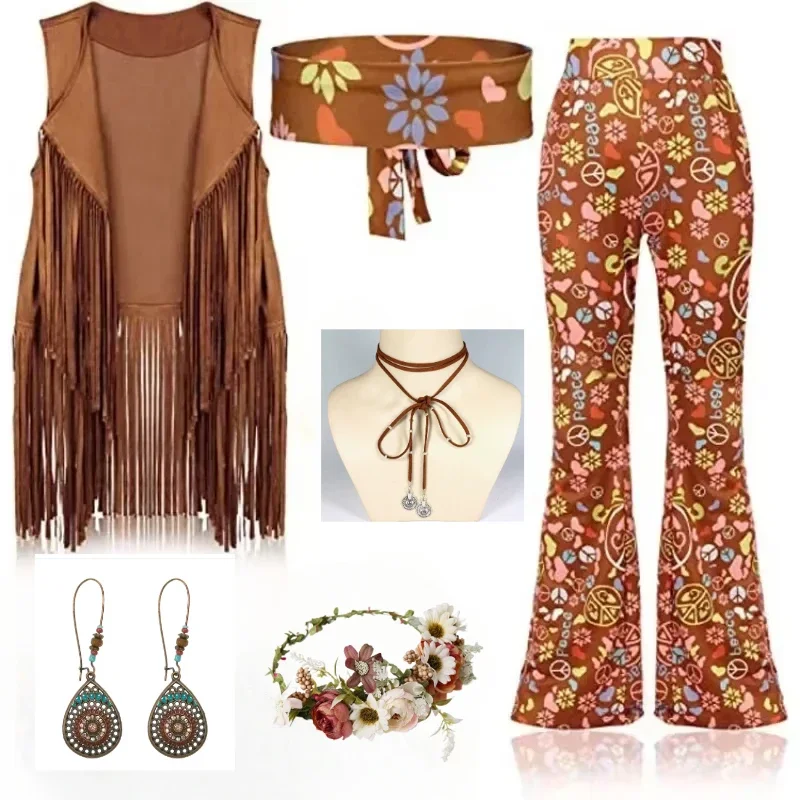 Hippie Disco 60s 70s Cosplay Kostuum Vrouwen Vrede Liefde Hip Indiase Kwasten Hippie Vest Ketting Bloem Krans Oorbellen Halloween - afbeelding 1