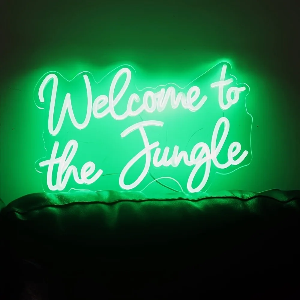 Benvenuti nella giungla Insegna al neon a LED Decorazione da parete verde Dimmerabile Alimentato tramite USB per la decorazione del negozio di piante da giardino, portico, bar