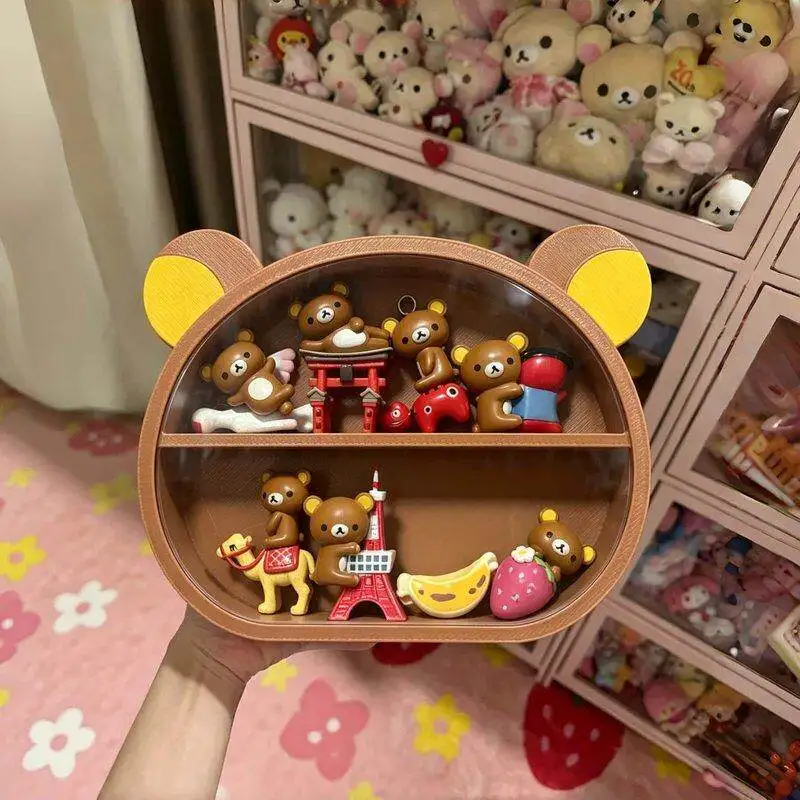 Étagère de présentation de bureau en forme de Rilakkuma, support de rangement à double niveau pour figurines miniatures, vitrine pour figurines de collection, présentoir de table pour la maison.