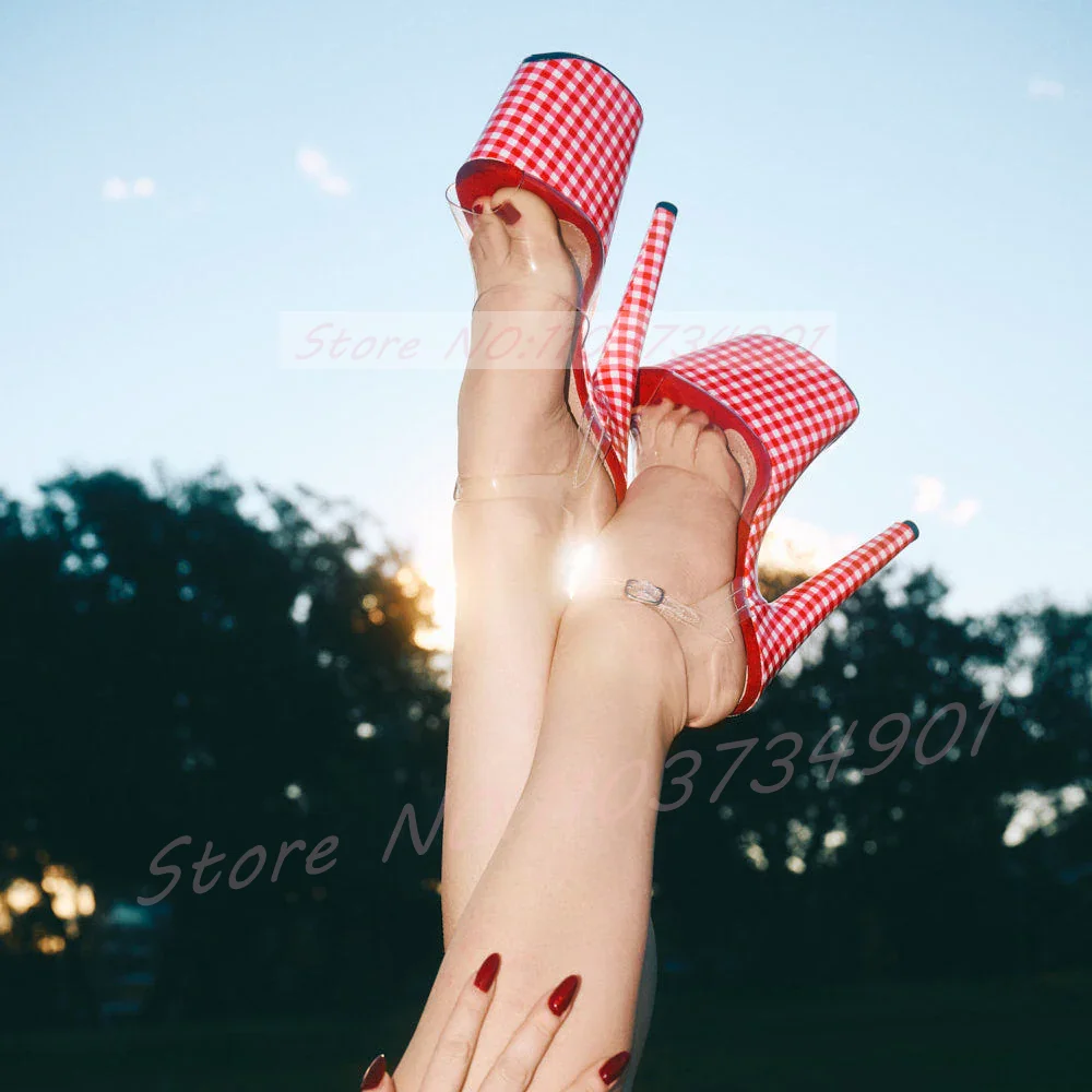 Women 20CM Extra High Heels Sandals Red Gingham Print Platform Peep-Toe Clear Ankle Strap Shoes Party Lovely Sexy Sandals