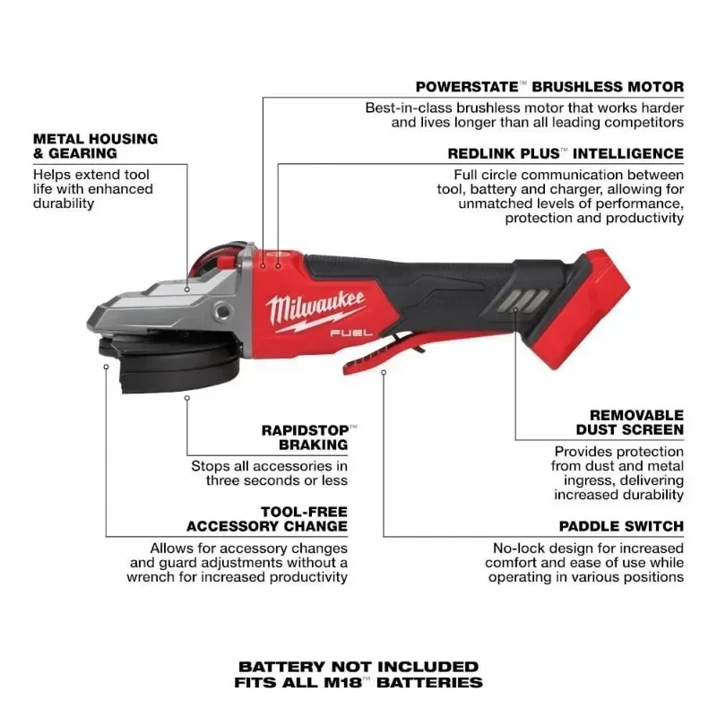 Milwaukee M18 FSAGF125XPDB/2886 Angle Grinder M18 FUEL™ 125MM Flathead Braking Grinder Paddle Switch No-Lock 18V Power Tools