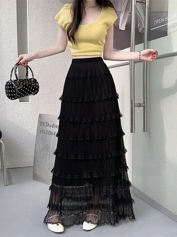 

Heavy Embellished A-Line Skirt with Lace Insertion And Pleated Design for plus Size Women Summer Cake Skirt High Waist Midi S...