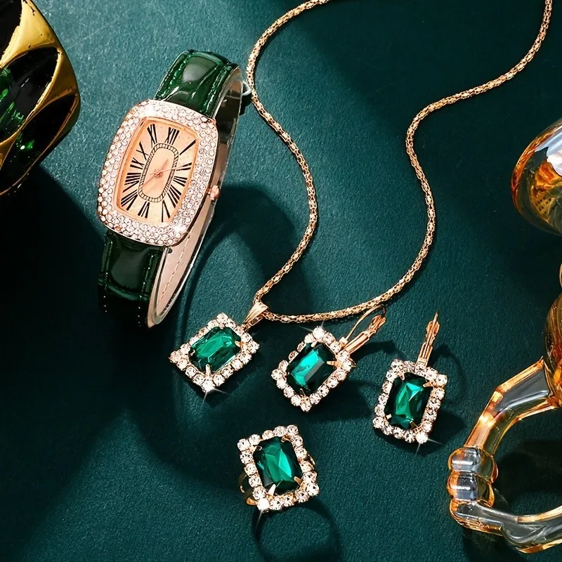 Kegllect, 5 шт., женские часы с квадратным циферблатом, роскошные кварцевые часы со стразами, аналоговые наручные часы и комплект ювелирных изделий, подарок для мамы