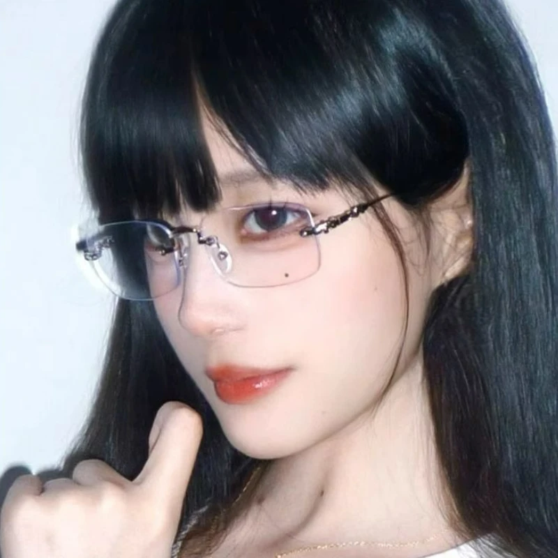 Fashion Women Transparent Square Rimless Shades Glasses Vintage Sturdy AC Lens Spectacles Unisex Decorative Metal Frame Eyewear - Image 2