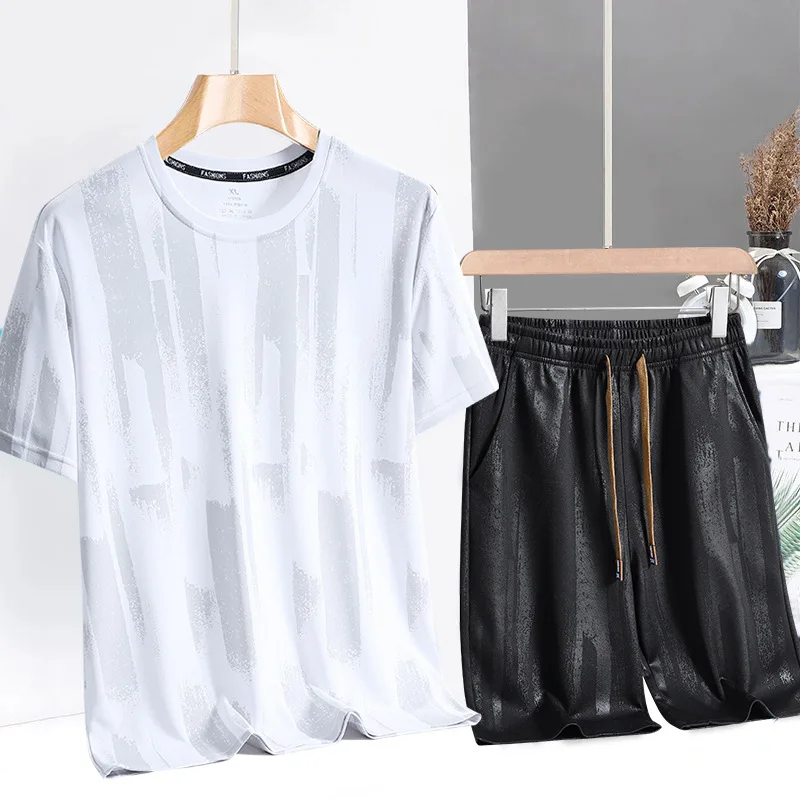 25 Summer Ice Silk Sports Suit Men's Printed Short-Sleeved T-Shirt Quick Dry Gym Clothing Men Clothing