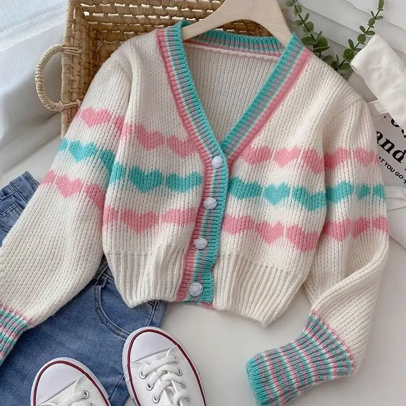 

Knitted Cardigan Striped Color Block Love Jacquard V-Neck Bat Sleeve Short Women'S Autumn And Winter New Korean Style Sweater