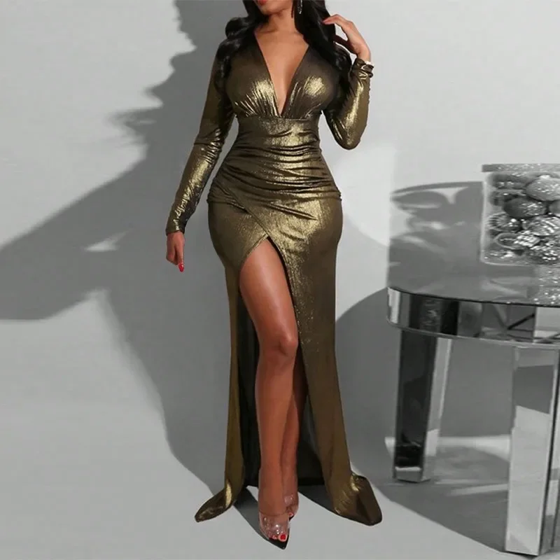 GUWU Damska Seksowna Sukienka Wieczorowa z Wysokim Rozcięciem Dekolt V Długi Rękaw Sukienka Maxi Modna Marszczona Sukienka na Imprezę Nocną