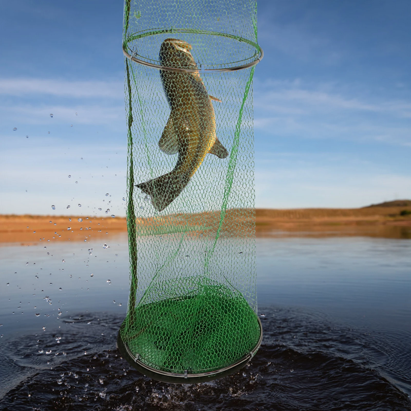 

1pc Folding Fish Storage Portable Mesh Large Capacity Fishing Net Bag For Outdoor Saltwater Stainless Steel Nylon Wear Resistant