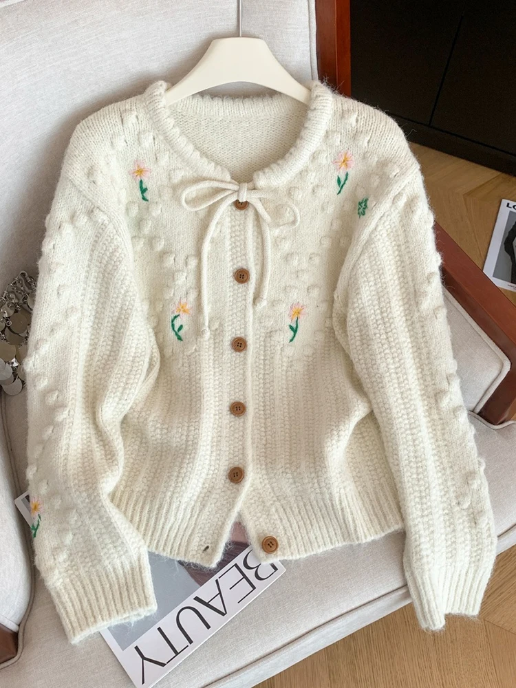 

Женский свитер на шнуровке с круглым вырезом и вышивкой трехмерного цвета, зимний толстый и свободный вязаный кардиган