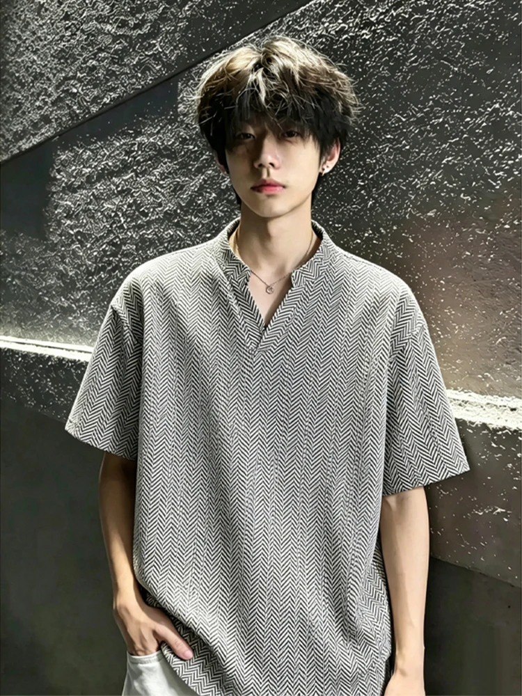 Gray Texture V-Neck Short Sleeve Men's Summer Handsome High-End Feel Shoulder T-Shirt CleanFit Thin Five-Arm T-Shirt