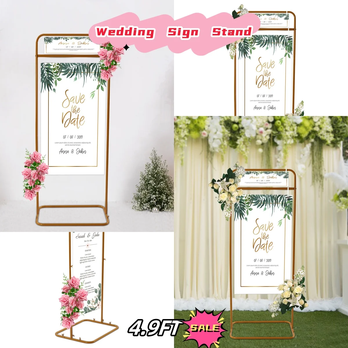 

Gold Wedding Sign Stand Large 4.9FT Welcome Frame Seating Chart Guest List Geometric Floral Ceremony Decorations