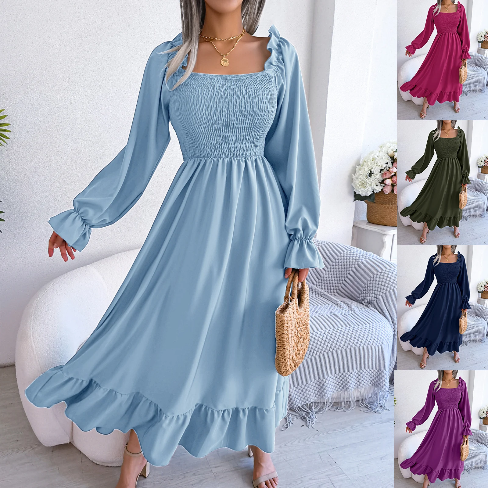 Women's Casual Square Neck Teen Party Dresses Women's Long Sleeve Loose Plain Side Split Casual Long Maxi Dresses with Pockets