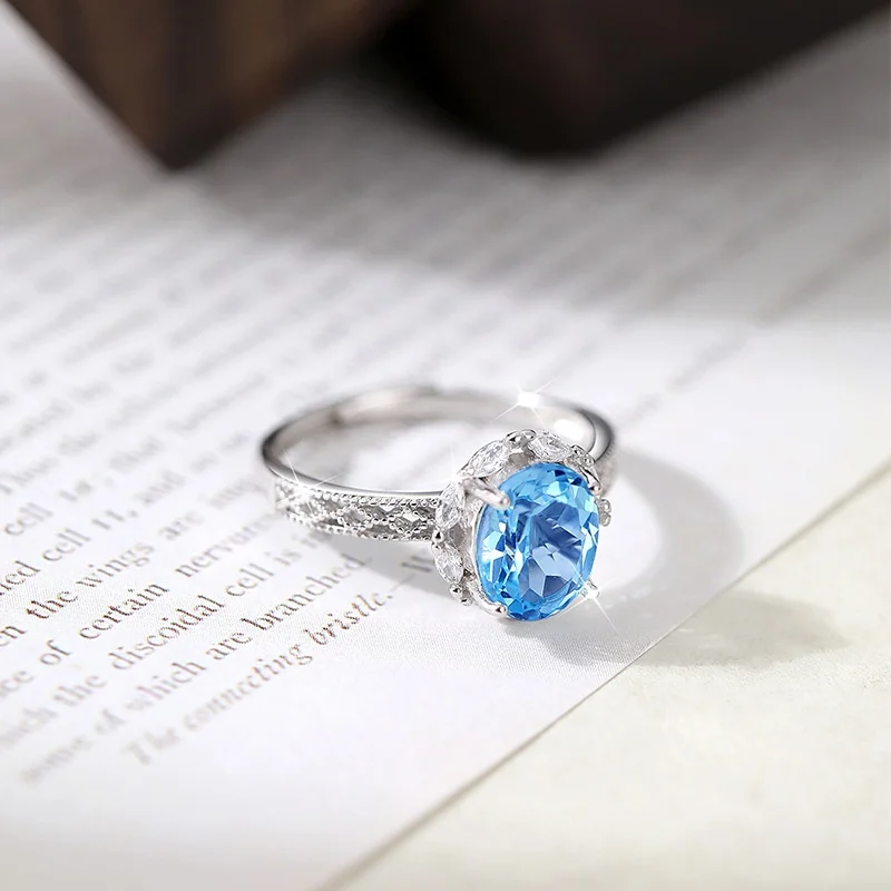 SGARIT Simple and Elegant Natural Color Gemstones Crystal Ring for Women 925 Sterling Silver Wedding Ring Adjustable