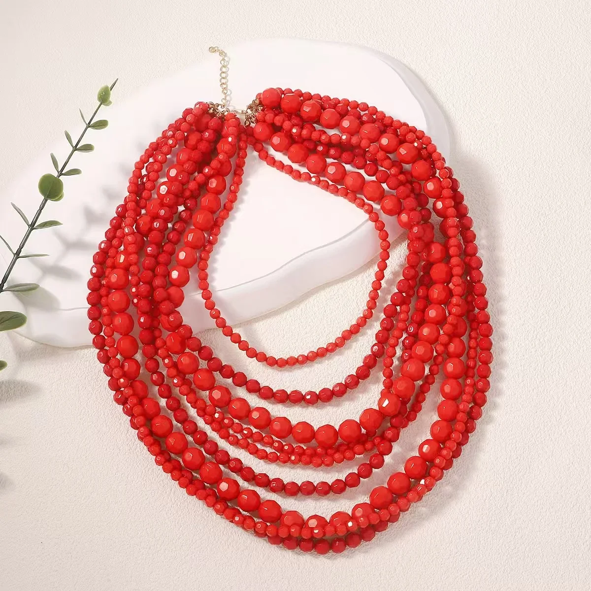 Retro Geometric Multi-layered Design Coral Red Bead Necklace