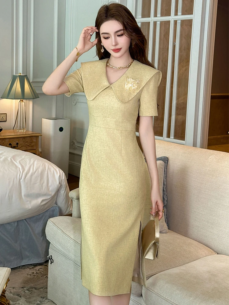 

Women's Classic Cute Birthday Party Dress Female Lovely Elegant Flower Slit Slim Fit Gown Lady Banquet Date Feast Vestidos Mujer