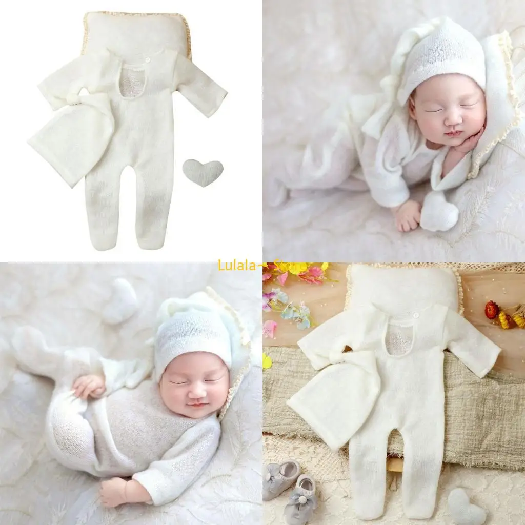 Y4QA Baby Photo Hat Footed Jumpsuits Knitting Bodysuit Newborn Photography Furniture