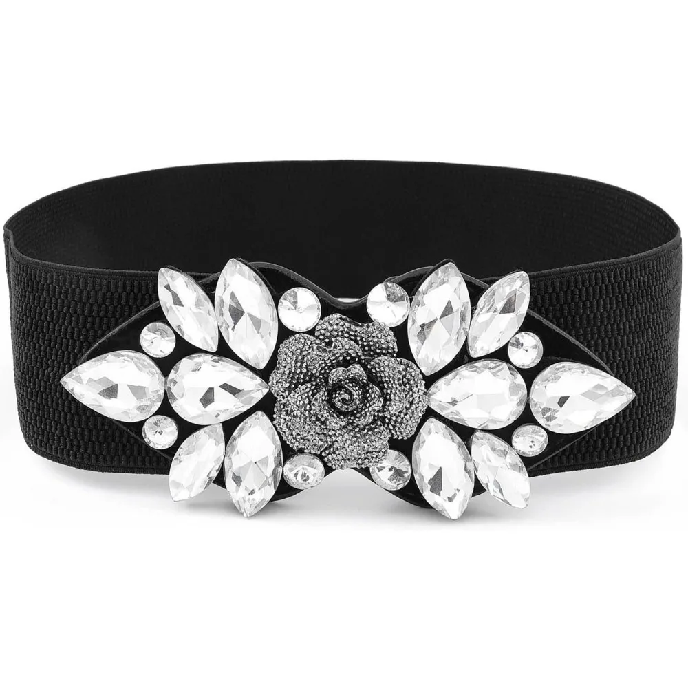 Rhinestone Belt Wide Stretch Belt Women Dressy Elastic Flower Belts