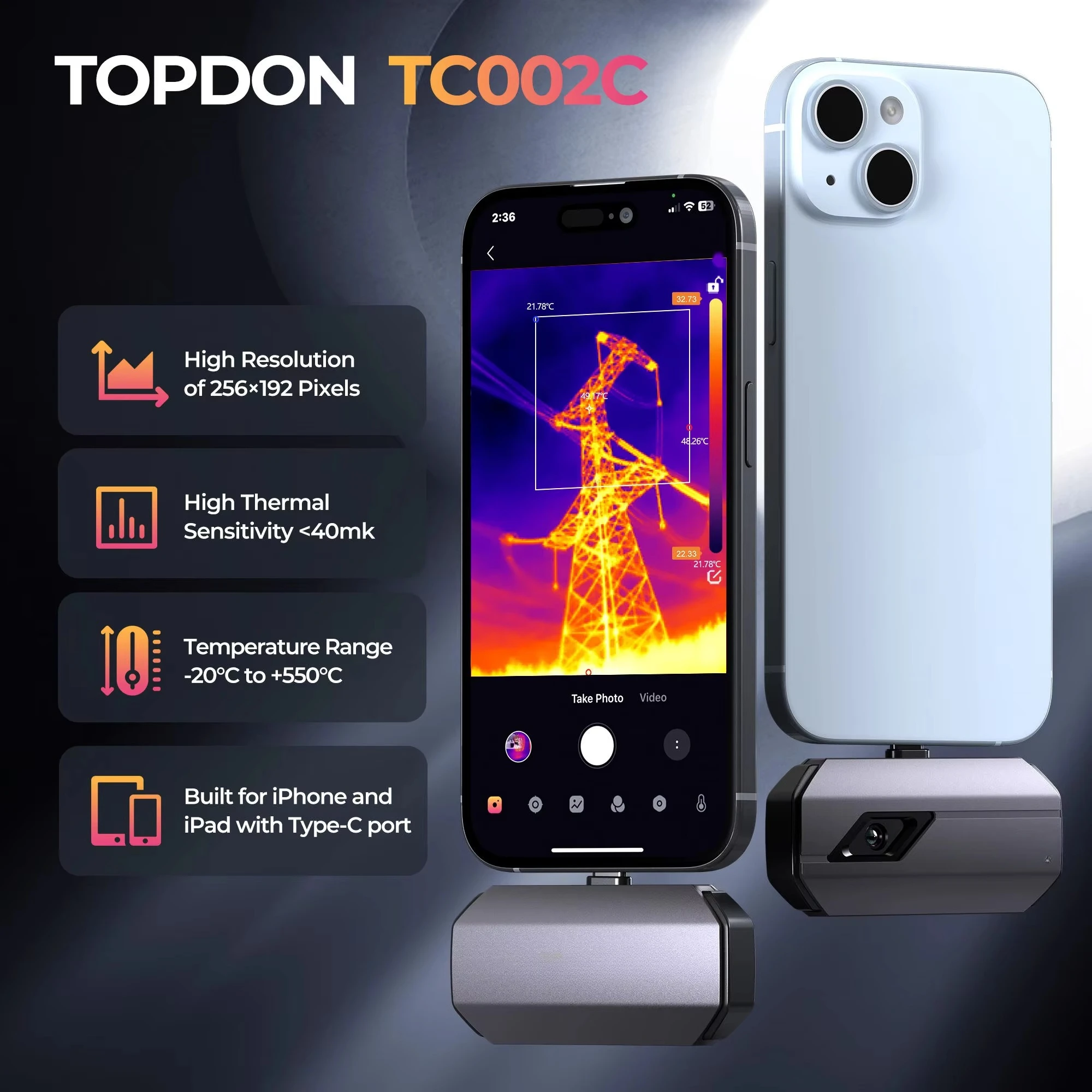 Topdon Mini TC002C Portable Vehicle Electronic Safety Detector USB Thermal Sensing Module for Mobile Phones