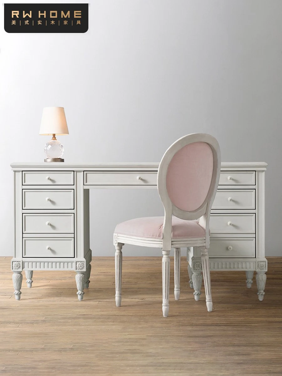 French solid wood desk, desk, children's room, princess room, table, American country, white carved European furniture