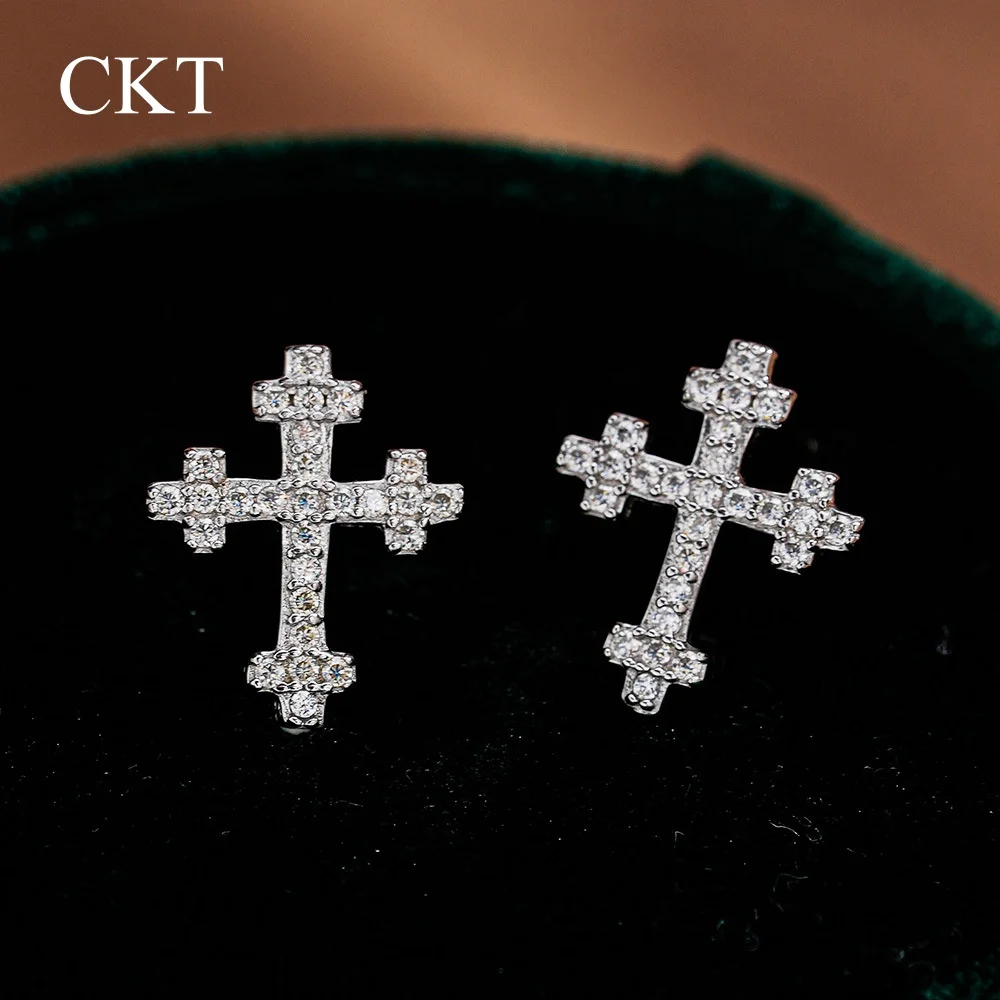

CKT 18k White Gold Women's Stud Earrings Full Diamond Moissanite Platinum Pt950 High-end Cross Wedding Fine Jewelry