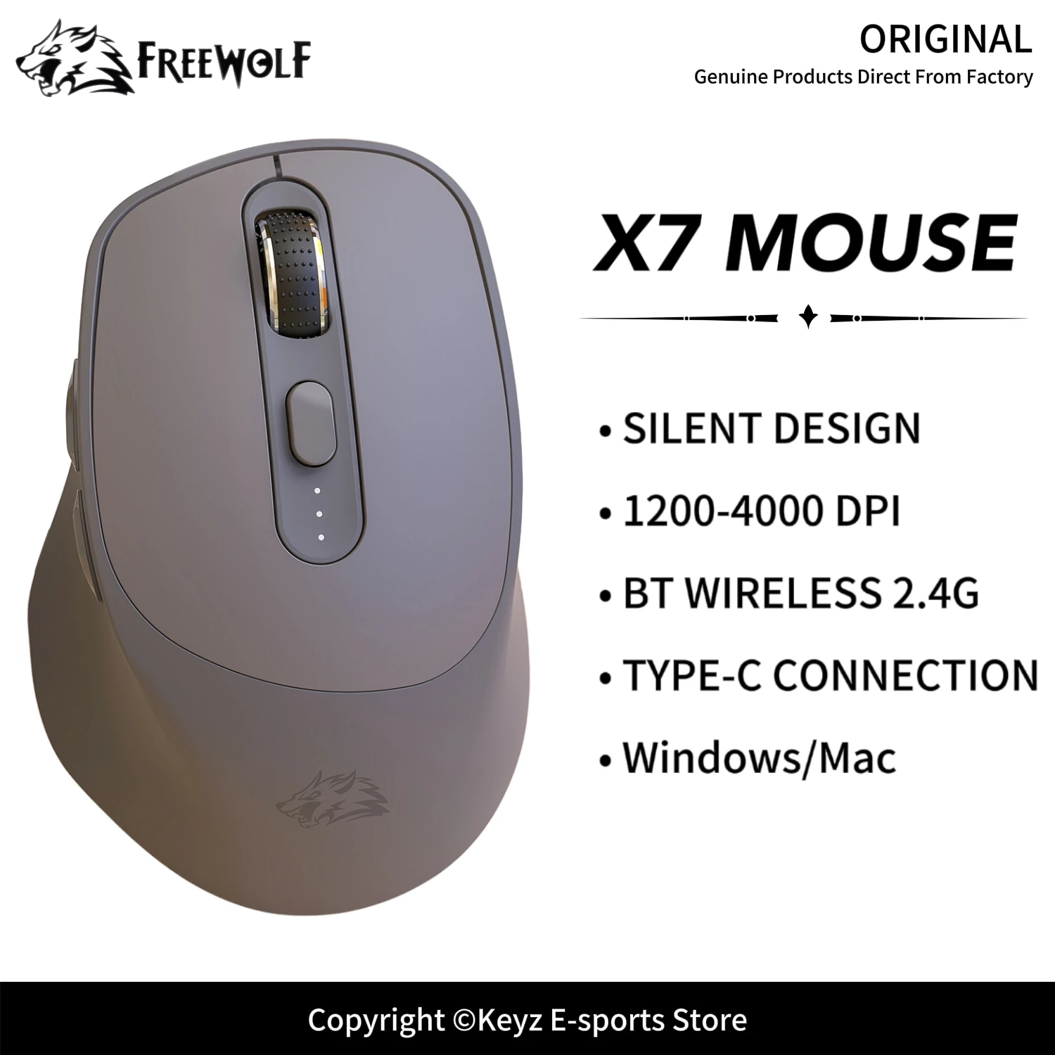 FREEWOLF X7 Wireless Dual Mode Mouse Silent Click 2.4G Bluetooth Connection 500mAh 4000 DPI Adjustment Ergonomic Design for PC