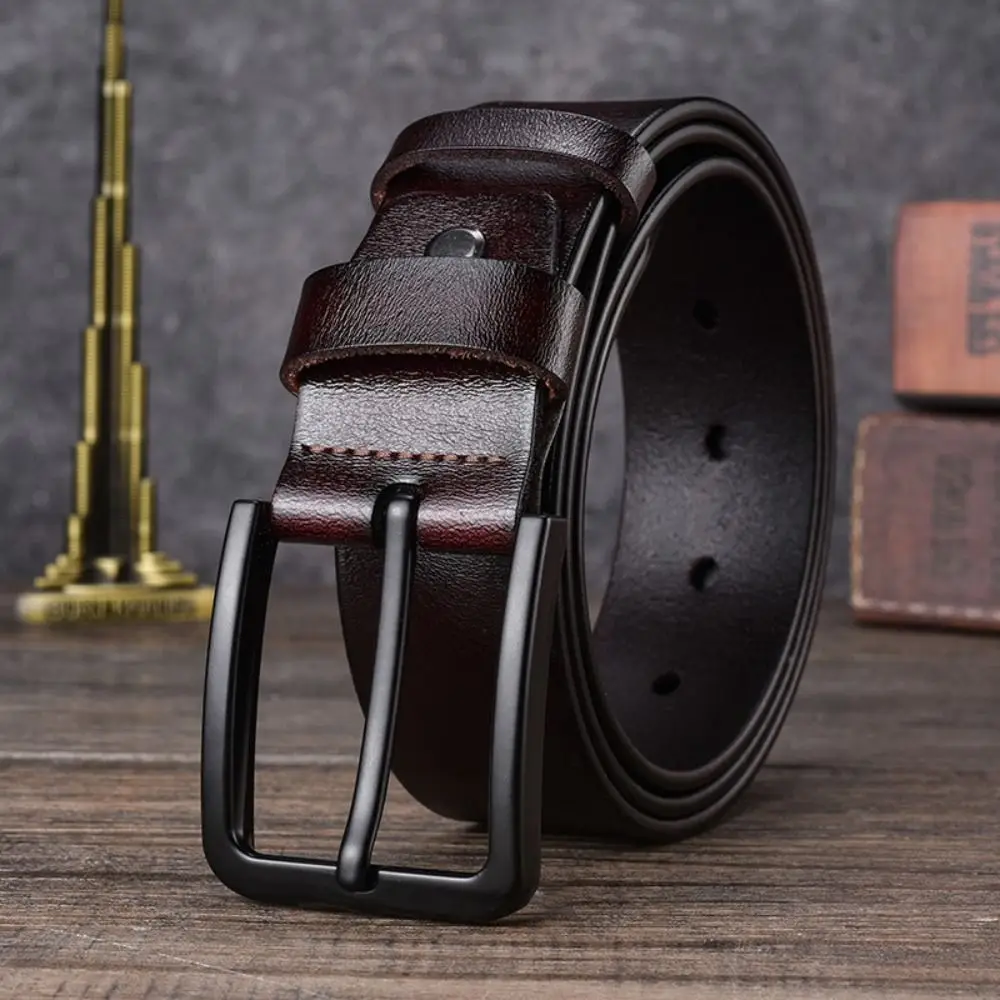 High Quality Genuine Leather Men Belt Alloy Pin Buckle Thick Cowhide Male Strap Black 110/115/120/125cm WaistBelts Jeans